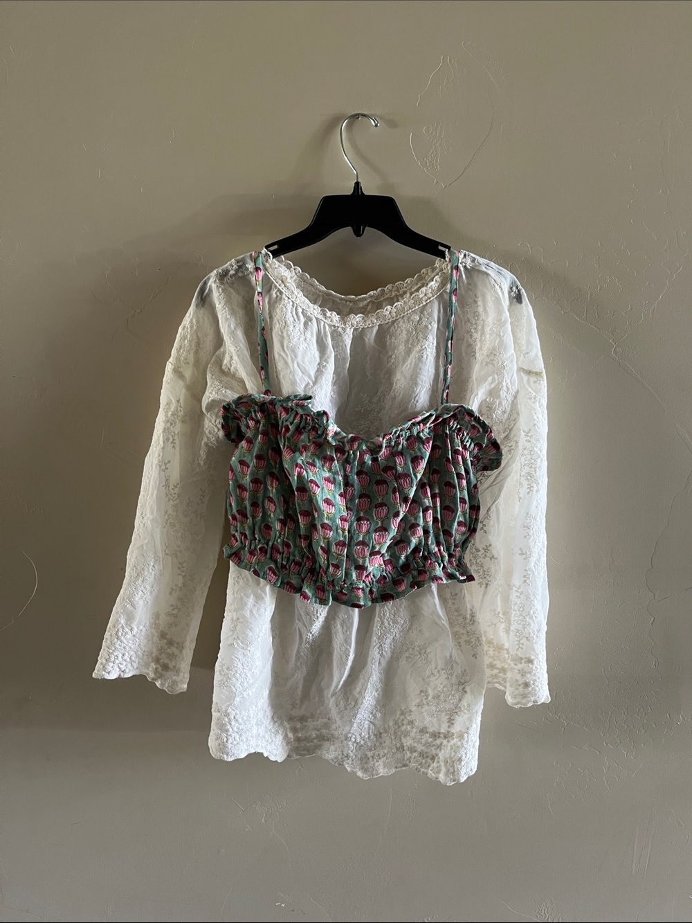 Smocked Strawberry-Print Crop Cami in Green and Pink